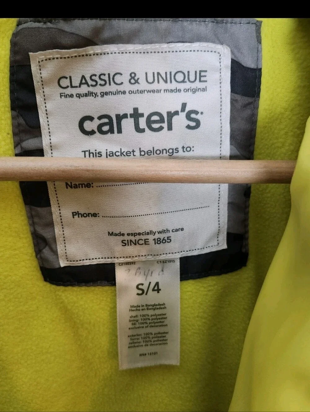 Carter's Gray Camo Hoodie Puffer Jacket with Yellow Trim 4t
